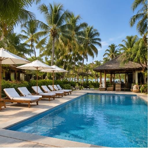 Illustrative palm-lined freshwater pool
